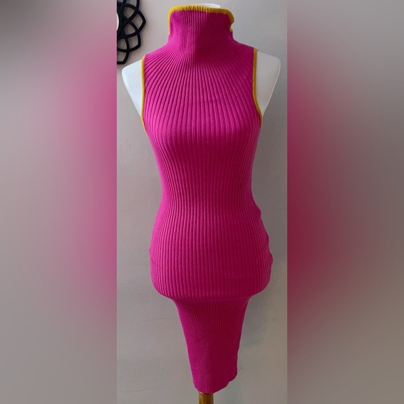 Commense Funnel Neck Pink Ribbed Knit Sweater Midi Dress Chic Casual Fall - Picture 2 of 6